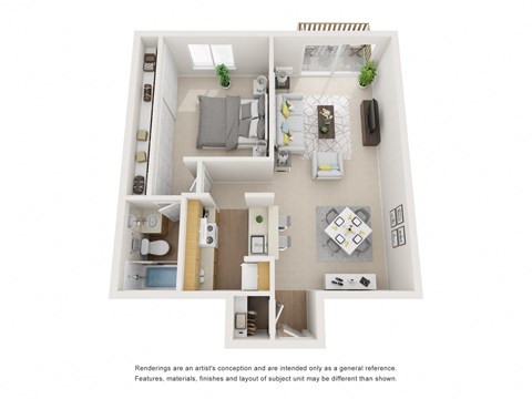 The Juniper Floor Plan; A one bedroom, one bathroom apartment floor plan at Greentree Village Apartments